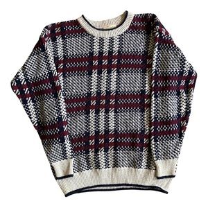 Vintage heavyknit plaid sweater crewneck white burgundy 90’s